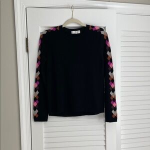 Lisa Todd Black Sweater with Multicolor Argyle Sleeves
